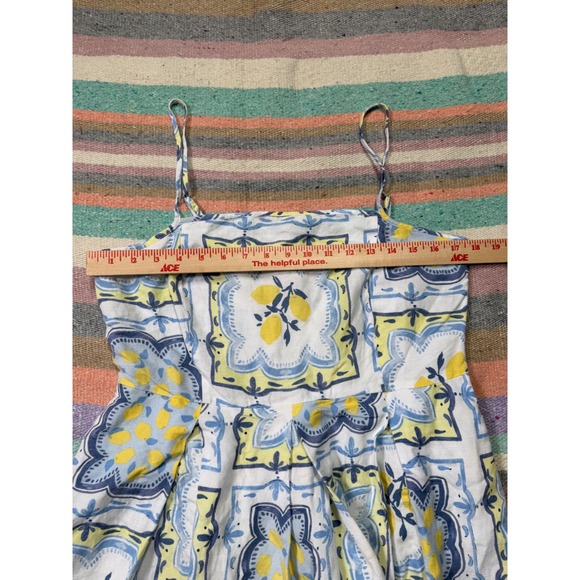 LOFT Blue & Yellow Linen Blend Tile Print Midi Dress – 45" Length - Picture 5 of 8
